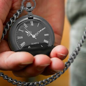 My Personal Memories, Personalized Gunmetal Gray, Black or Silver Quartz Pocket Watch with Chain - Groomsmen Wedding Party - Engraved (Matte Black)