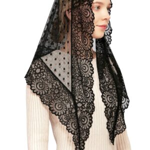 Wgior Triangle Vintage Inspired Lace Chapel Veils Catholic Mass Head Covering Scarf Mantilla Veils for Church (Black)