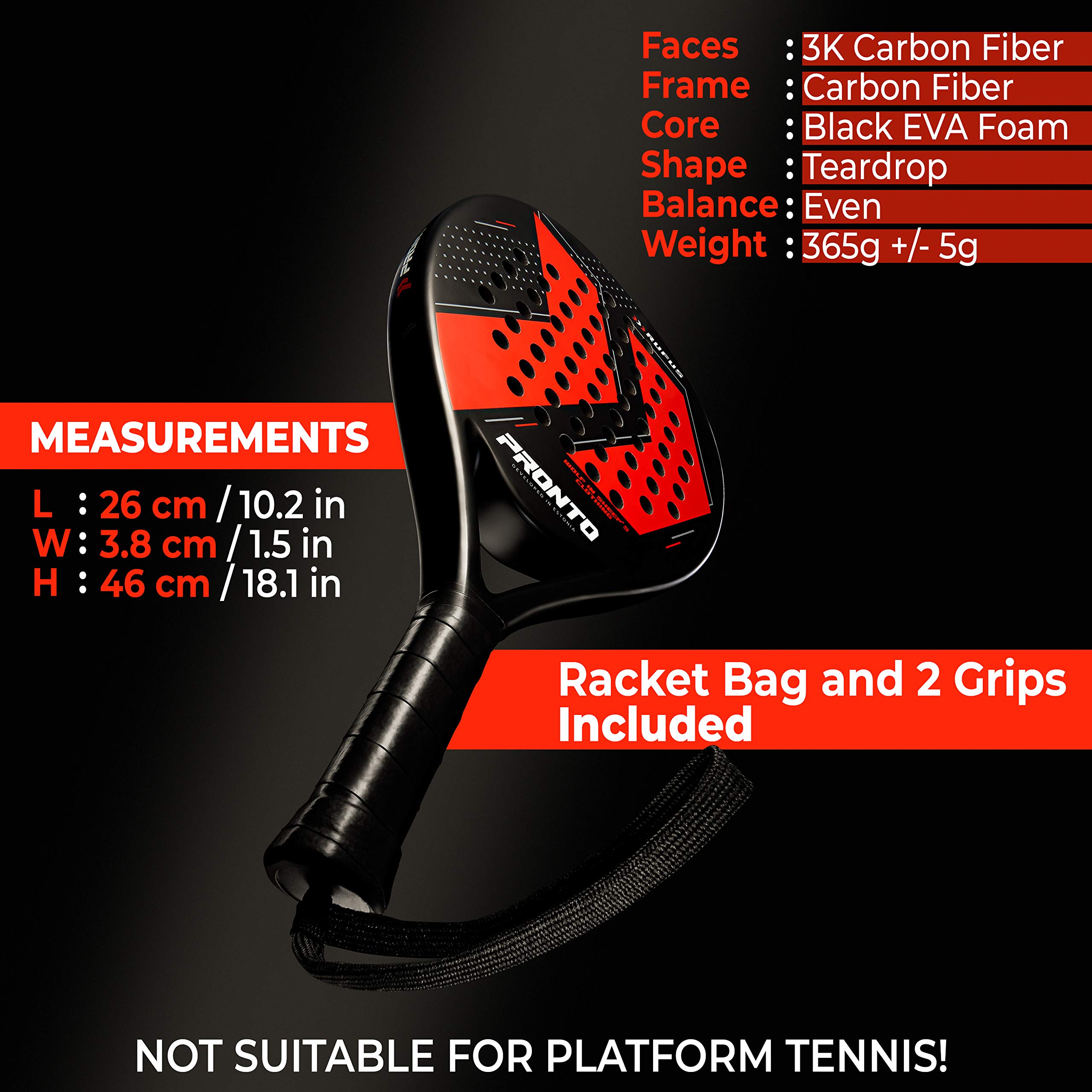 Padel Racket with Carry Bag - PRONTO Rufus - Improved Precision, Control and Power - 3K Carbon Fiber Faces, Carbon Fiber Frame and Black Soft EVA Core - 2 Extra Anti-Slip Grips Included