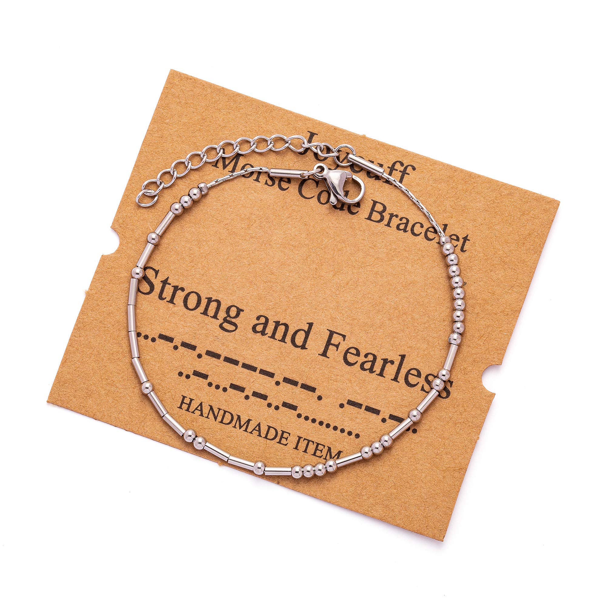 JoycuFF Inspirational Gifts for Women Strong And Fearless Morse Code Bracelets for Best Friends Daughter Sister Handmade Chain Bracelet Silver Encouragement Motivational Secret Message Jewelry