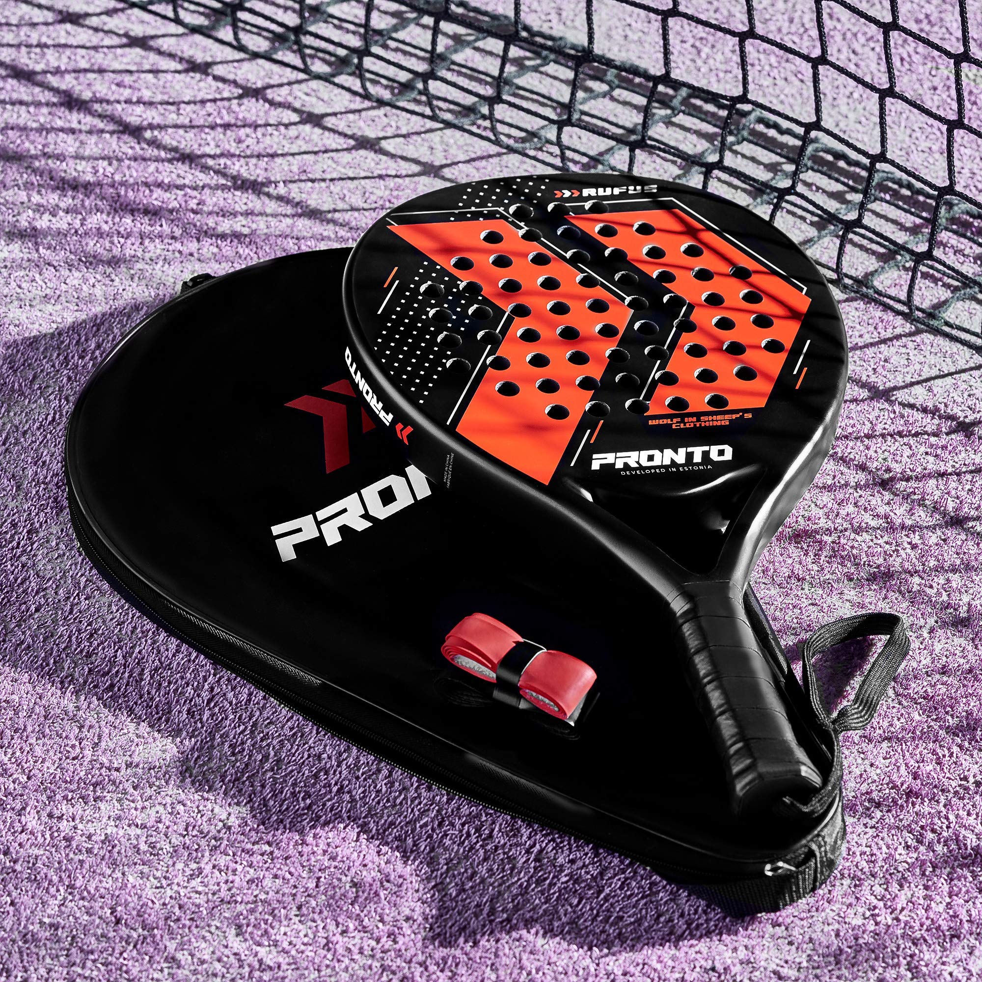 Padel Racket with Carry Bag - PRONTO Rufus - Improved Precision, Control and Power - 3K Carbon Fiber Faces, Carbon Fiber Frame and Black Soft EVA Core - 2 Extra Anti-Slip Grips Included