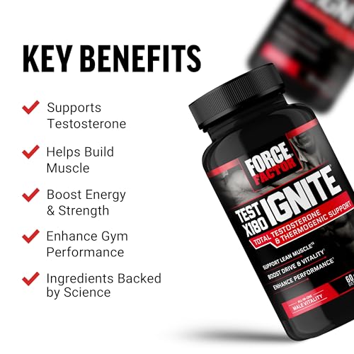 FORCE FACTOR Test X180 Ignite Testosterone Booster for Men, Testosterone Support Supplement to Help Burn Fat, Boost Vitality, and Increase Energy, 60 Capsules