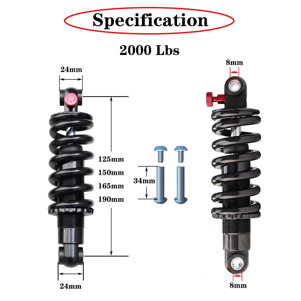 LvTu 2000 Lbs Mountain Bike Shock Absorber 150mm/ 165mm/ 190mm Adjustable Damping XC Soft Tail Suspension Spring (Color : 2000 Lbs, Size : 165mm)