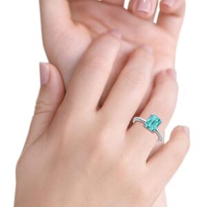 Blue Apple Co. Simulated Paraiba Tourmaline CZ Size-5 Emerald Cut Cathedral Solitaire Wedding Engagement Ring Simulated Cubic Zirconia 925 Sterling Silver Center Stone-(8mmx6mm)