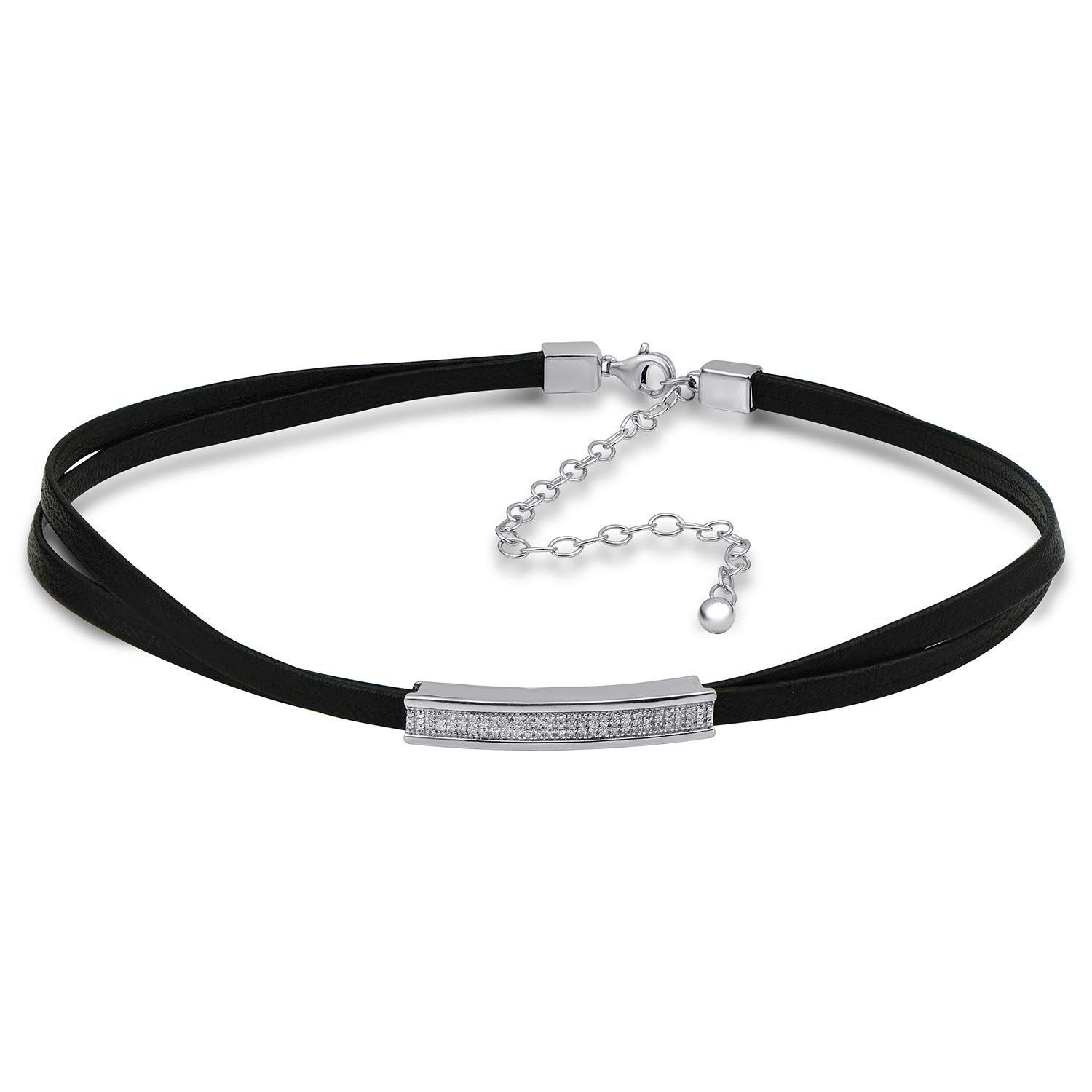 Jewelili Sterling Silver 1/7 Cttw Natural White Round Diamond Black Cord Necklace,23" Leather Cord