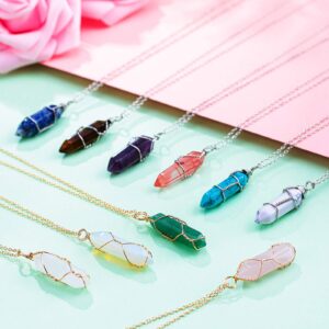 10 Pieces Hexagonal Crystal Pendant Necklace, Natural Quartz Stone Pendant Necklace, Healing Crystal Full Wire Wrap Gemstone Necklace for Women Girls (Charming Colors,Classic)