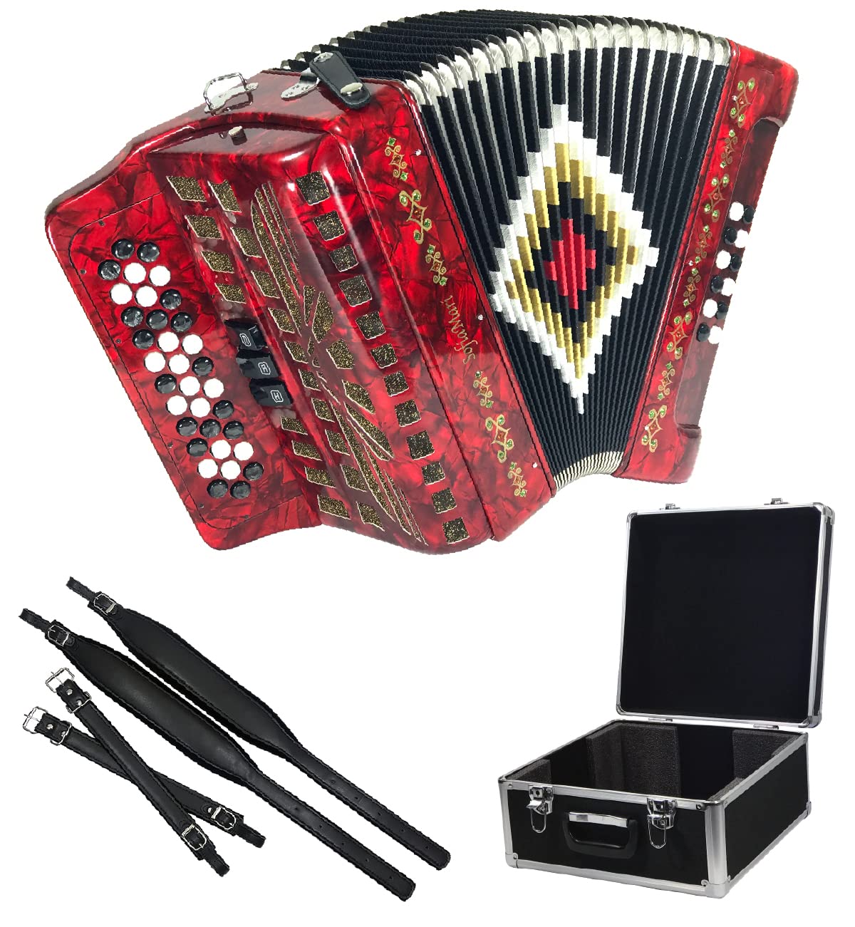 SofiaMari NSM3412 Accordion Package: 34 Button, 12 Bass, 3 Switch Accordion with Case and Straps (Fa/FBE, Red Pearl)