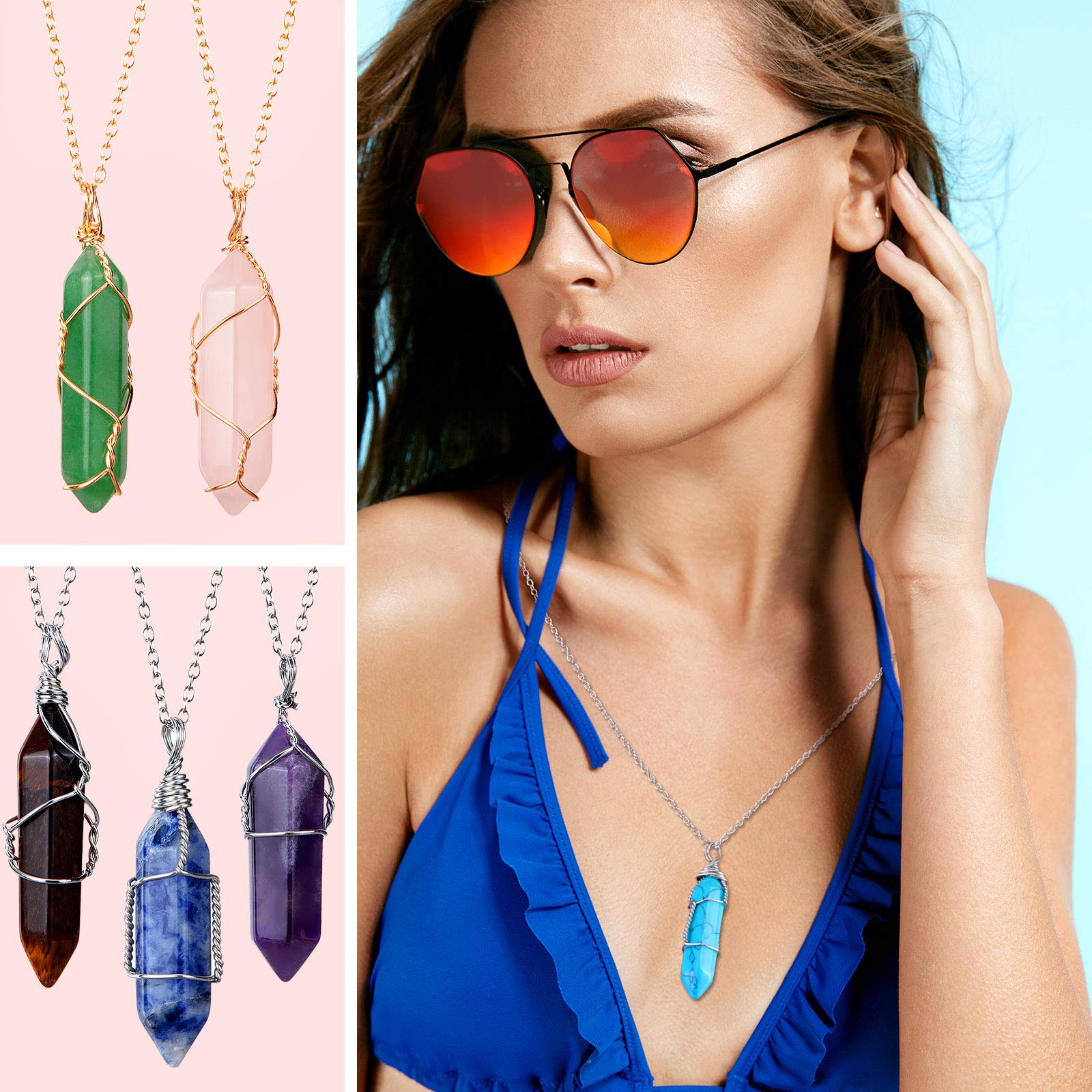 10 Pieces Hexagonal Crystal Pendant Necklace, Natural Quartz Stone Pendant Necklace, Healing Crystal Full Wire Wrap Gemstone Necklace for Women Girls (Charming Colors,Classic)