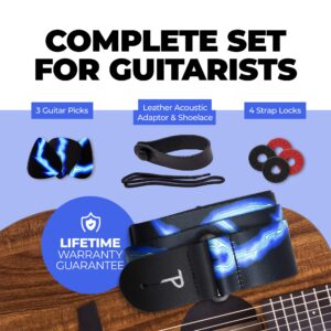 Perri's Leathers Guitar Strap - Bundle - BONUS- 3 Medium 0.71mm Picks, 1 Leather Acoustic Adaptor, 4 Strap Locks & Shoelace… (Blue Lightning)