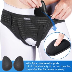 VELPEAU Hernia Belt for Men & Women - Bilateral/Double Inguinal, Groin Hernia Support Truss Underwear Briefs, Pain Relief Recovery Adjustable Strap with 2 Removable Medical Compression Pads (Black, L)