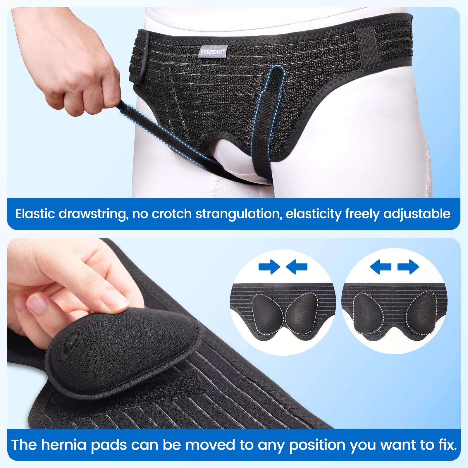 VELPEAU Hernia Belt for Men & Women - Bilateral/Double Inguinal, Groin Hernia Support Truss Underwear Briefs, Pain Relief Recovery Adjustable Strap with 2 Removable Medical Compression Pads (Black, L)