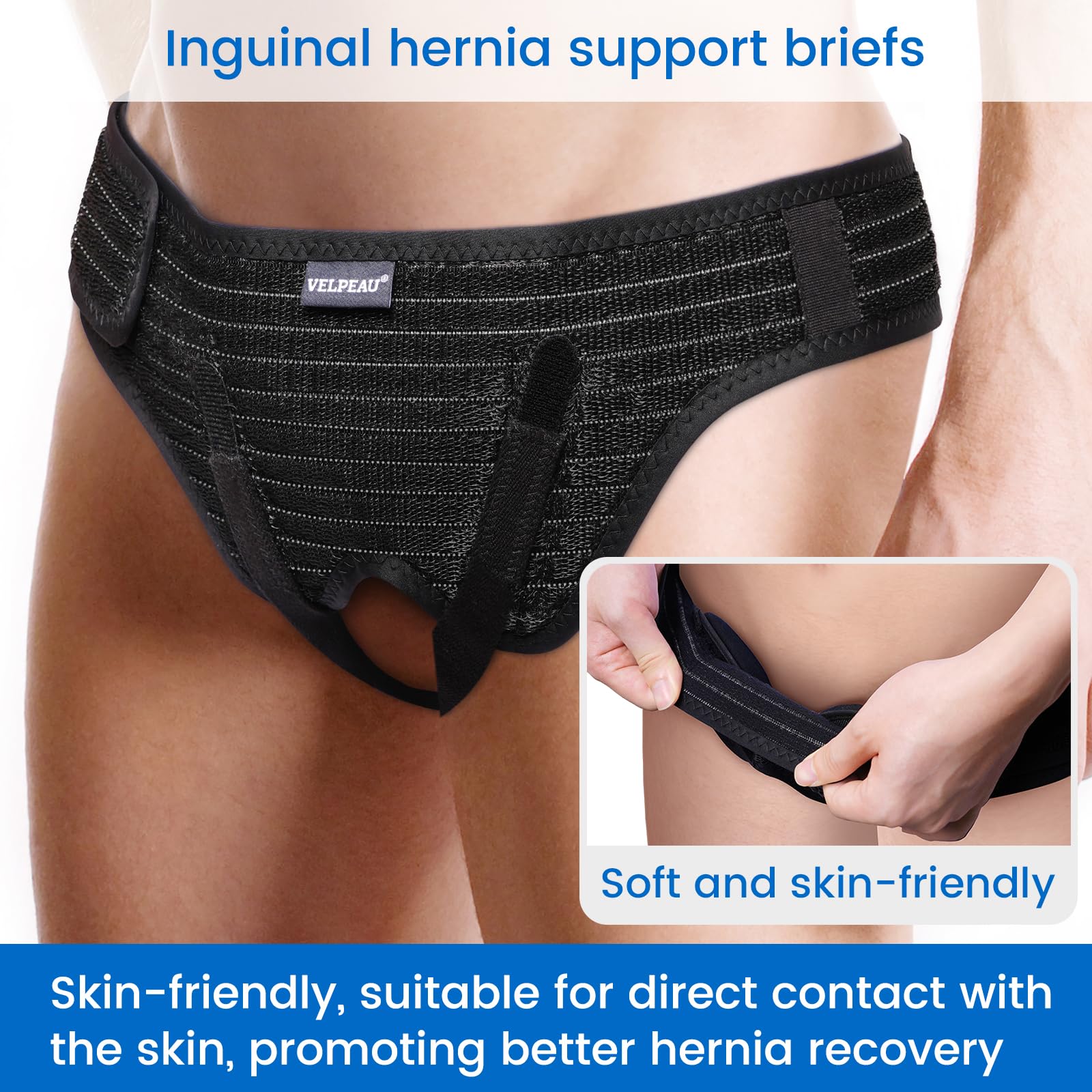 VELPEAU Hernia Belt for Men & Women - Bilateral/Double Inguinal, Groin Hernia Support Truss Underwear Briefs, Pain Relief Recovery Adjustable Strap with 2 Removable Medical Compression Pads (Black, L)