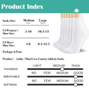 NevEND 6 Pairs Women's & Men's Mini Crew/Ankle Cotton Athletic Socks with Thick Cushioned M White