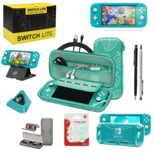 switch lite accessories bundle, kit with carrying case,tpu case cover with screen protector,charging dock,playstand, game case, usb cable, stylus,thumb grip caps for nintendo switch lite (turquoise)