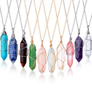 10 Pieces Hexagonal Crystal Pendant Necklace, Natural Quartz Stone Pendant Necklace, Healing Crystal Full Wire Wrap Gemstone Necklace for Women Girls (Charming Colors,Classic)