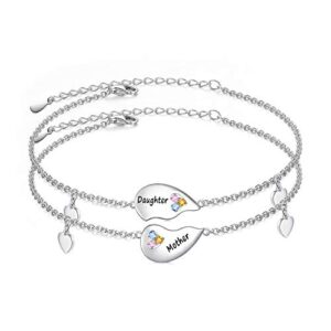 FLYOW Mother Daughter Bracelets Set for 2 Sterling Silver Mother Child Bracelets Heart Jewelry Birthday Mother's Day Bracelet for Women Grandma Mother Daughter