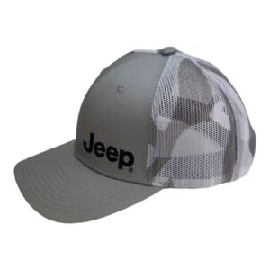 Jeep Premium Text Logo Trucker Hat - Heather Grey Twill Front/Mesh Camo Back