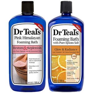 dr. teal's pure epsom salt foaming bath gift set (2 pack, 34 oz ea.) - restore & replenish pink himalayan and glow & radiance with vitamin c & citrus essential oils - long lasting bubbles nourish skin