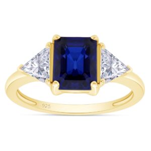 AFFY 14k Yellow Gold Over Sterling Silver Emerald Cut Blue Sapphire With Trillion White Topaz Ring Jewelry For Womens Ring Size-8