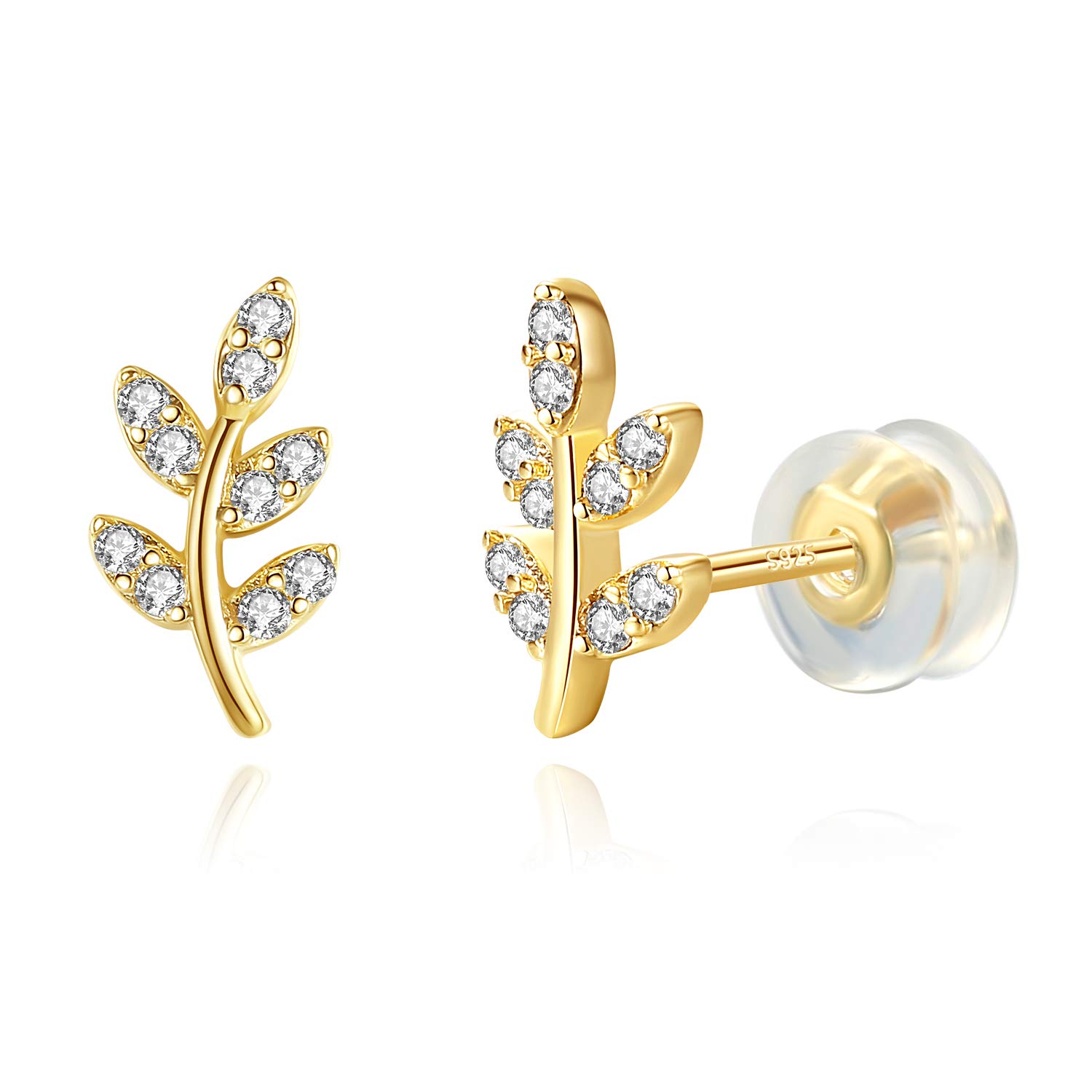 14K Gold Plated 925 Sterling Silver Small Cubic Zirconia Leaf Earrings Hypoallergenic Cute Dainty Mothers Day Stud Earrings for Women Sensitive Ear