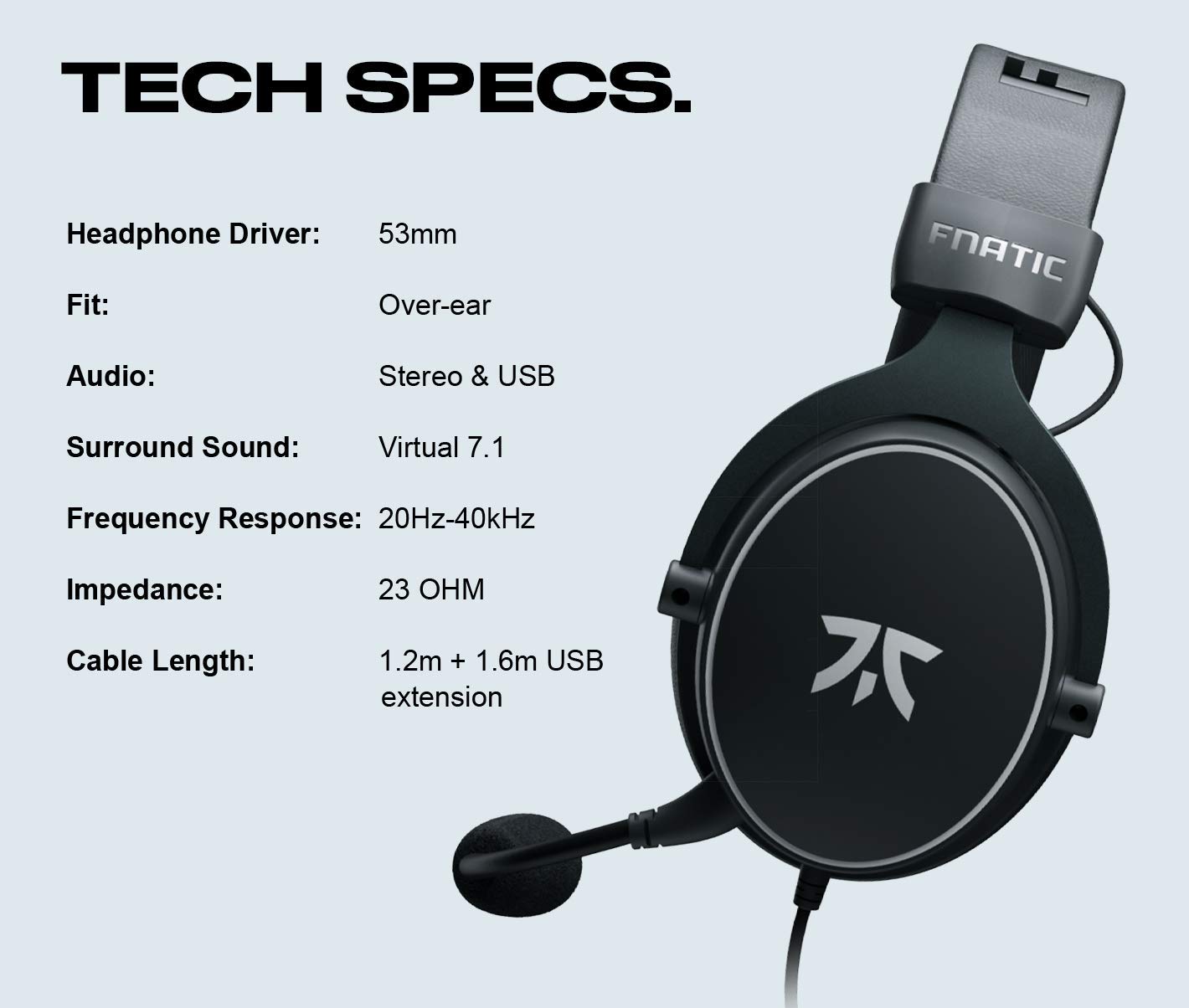 Fnatic REACT+ Gaming Headset for Esports with 53mm Drivers, Precise 7.1 Surround Sound and Advanced USB Sound Card, [Windows compatible], Metal Frame, Broadcaster Detachable Microphone, 3.5mm Jack