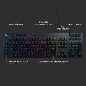 Logitech G815 LIGHTSYNC RGB Mechanical Gaming Keyboard with Low Profile GL Clicky key switch, 5 programmable G-keys, USB Passthrough, dedicated media control - Clicky, Black (Renewed)