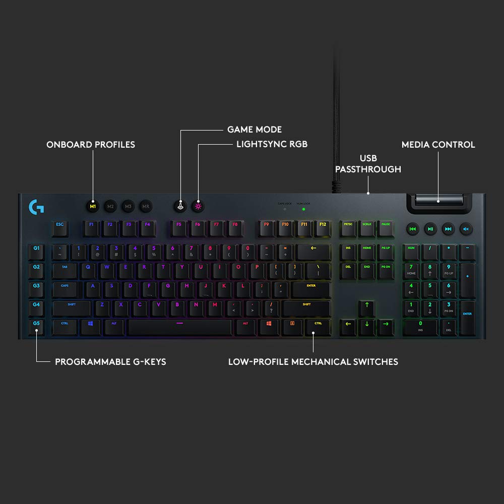 Logitech G815 LIGHTSYNC RGB Mechanical Gaming Keyboard with Low Profile GL Clicky key switch, 5 programmable G-keys, USB Passthrough, dedicated media control - Clicky, Black (Renewed)