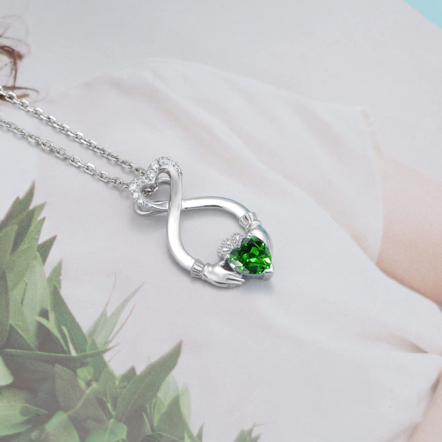 S925 Irish Claddagh Eternity Love Pendant Necklace Good Luck Jewelry Gift for Women Ladies Birthday (Green)