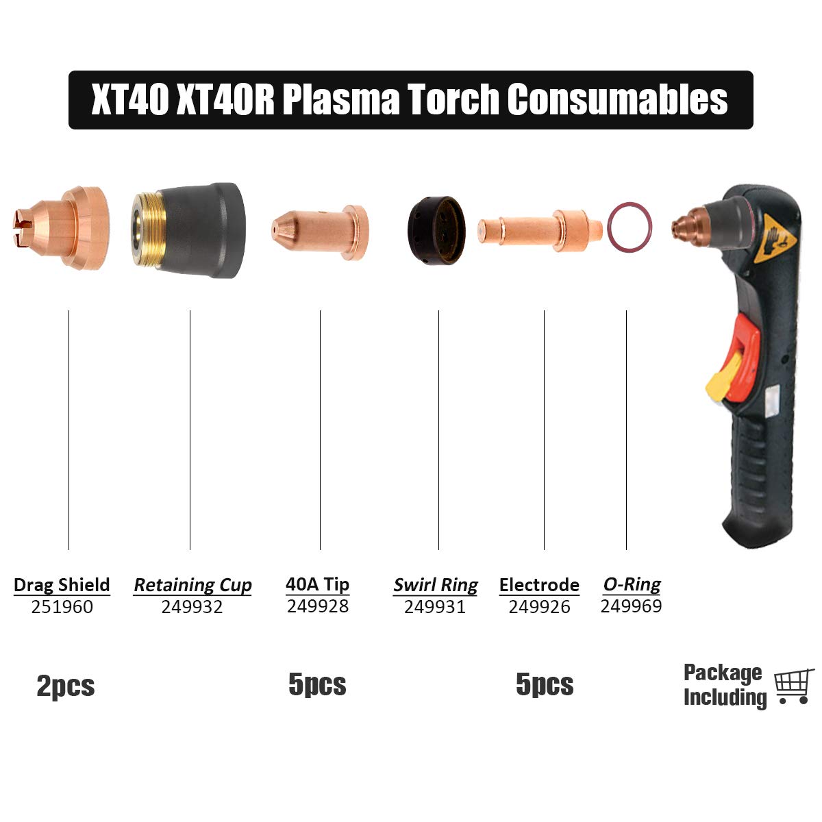 WeldingStop 12 Pieces Plasma Cutting XT40 XT40R Torch Consumables Electrode 249926 Nozzle 40A 249928 Tip 251960 Drag Shield for Miller Consumables