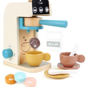 PairPear Kids Wooden Toys Coffee Maker Toy Espresso Machine Playset - Toddler Play Kitchen Accessories Gift for Girls and Boys