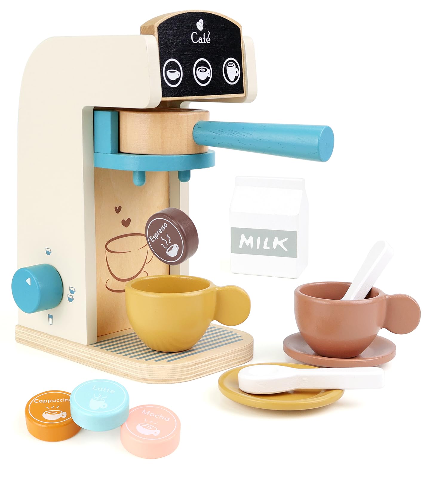 PairPear Kids Wooden Toys Coffee Maker Toy Espresso Machine Playset - Toddler Play Kitchen Accessories Gift for Girls and Boys