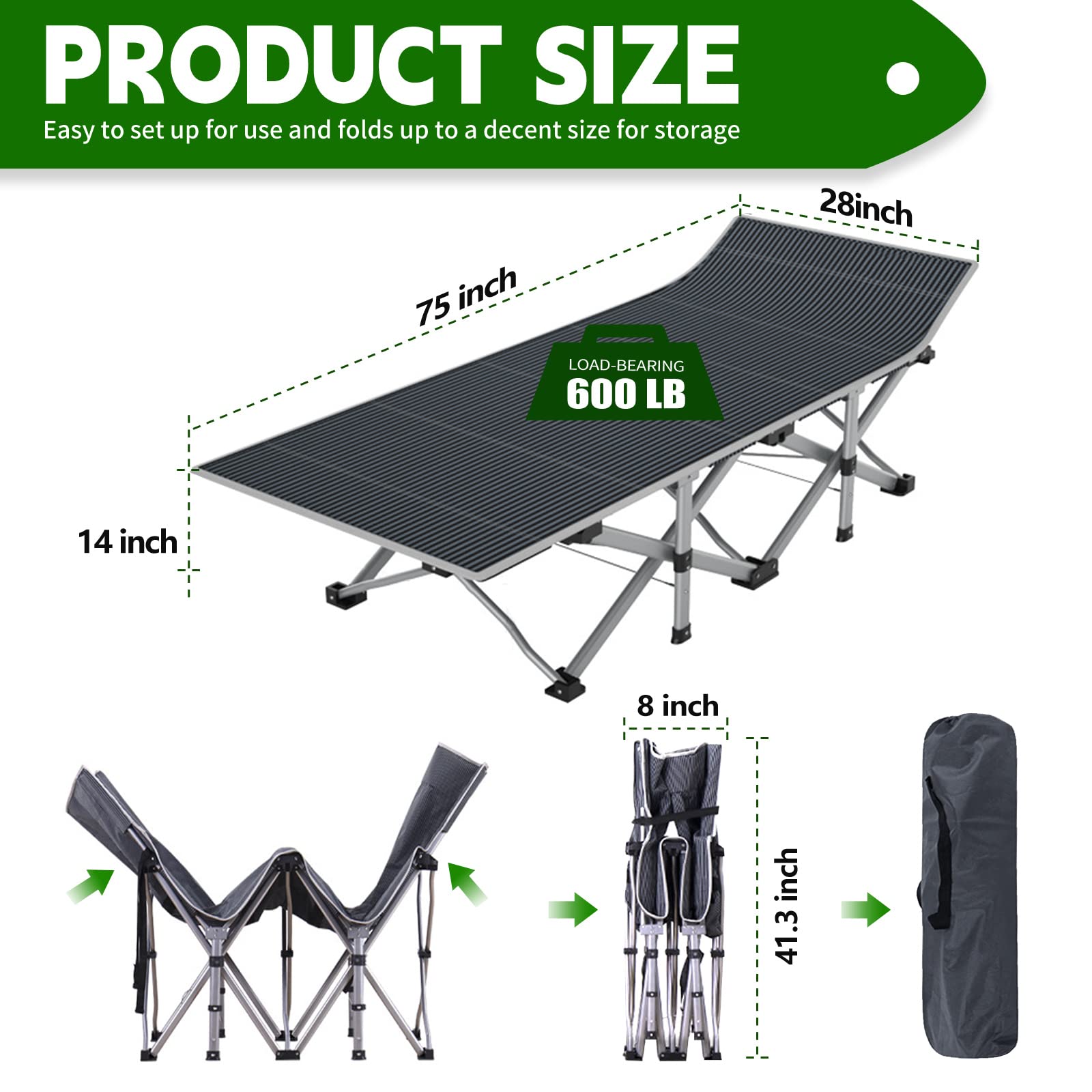 NAIZEA Folding Camping Cots for Adults, Folding Cot with Mattress Camping Bed Camp Cot Portable Military Cot, Double Layer Oxford Strong Heavy Duty Sleeping Cots with Carry Bag for Camp Office Use