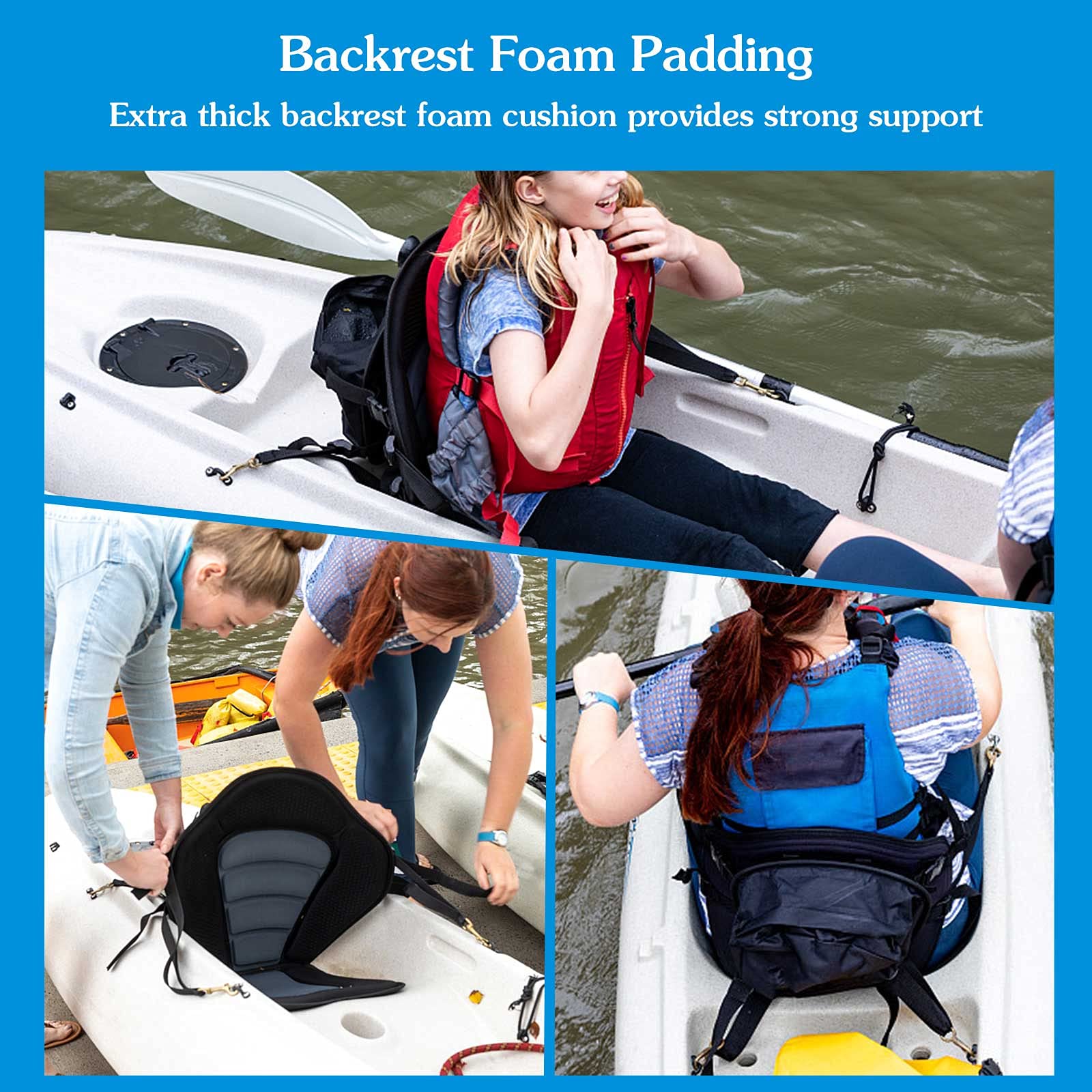 Kayak Seat Deluxe Padded Fishing Boat Seat Deluxe Sit-On-Top Canoe Seat Cushioned - Comfortable Backrest Support Universal Sit with Adjustable Back Strap Detachable Storage Bag