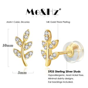 14K Gold Plated 925 Sterling Silver Small Cubic Zirconia Leaf Earrings Hypoallergenic Cute Dainty Mothers Day Stud Earrings for Women Sensitive Ear