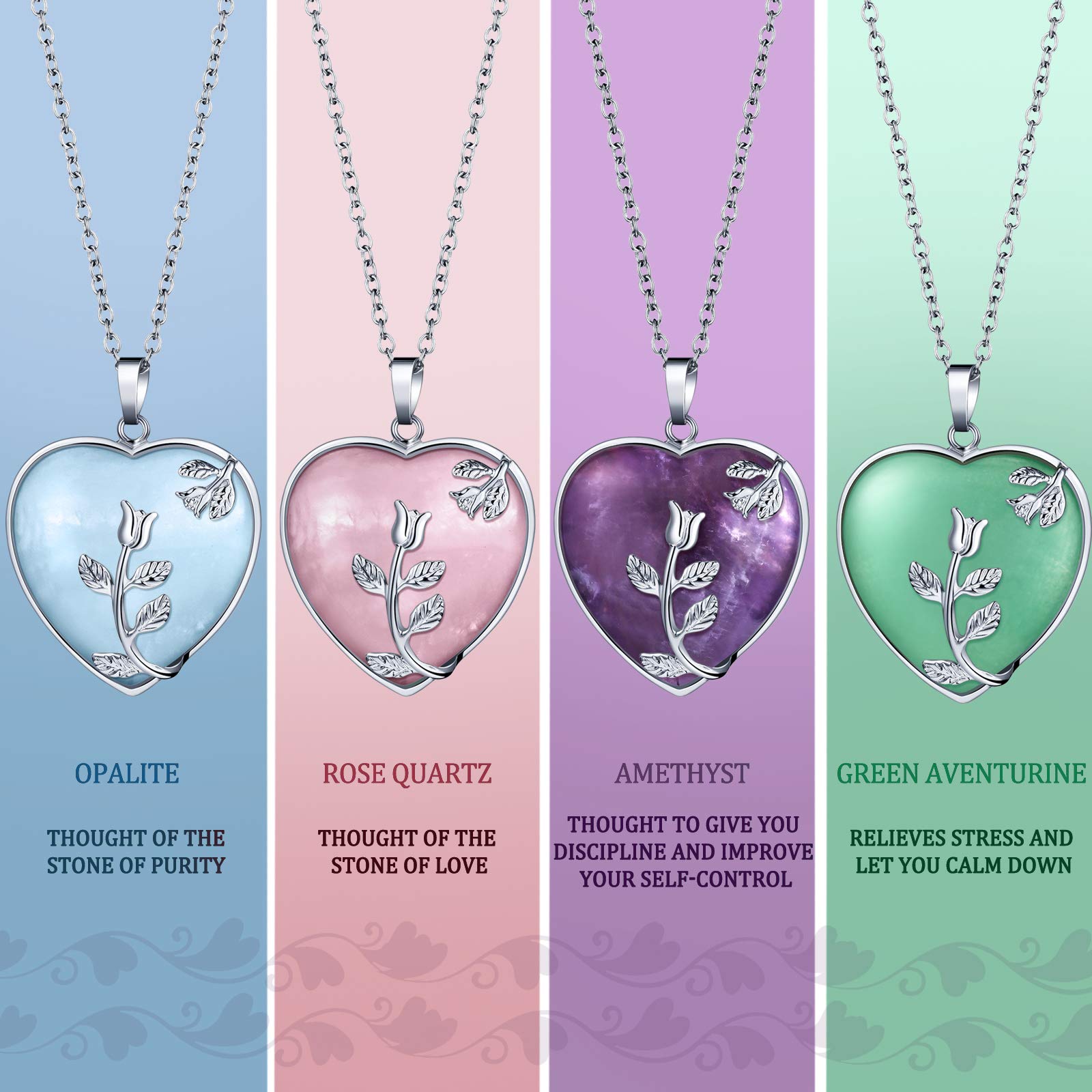 Hicarer 6 Pieces Heart Healing Crystal Necklaces Quartz Silver Rose Wrapped Gemstone Jewelry (Stylish Colors)