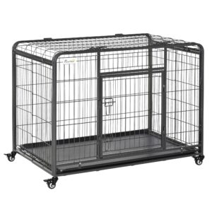 pawhut folding design heavy duty metal dog cage crate & kennel with removable tray and cover, & 4 locking wheels, indoor/outdoor 43"