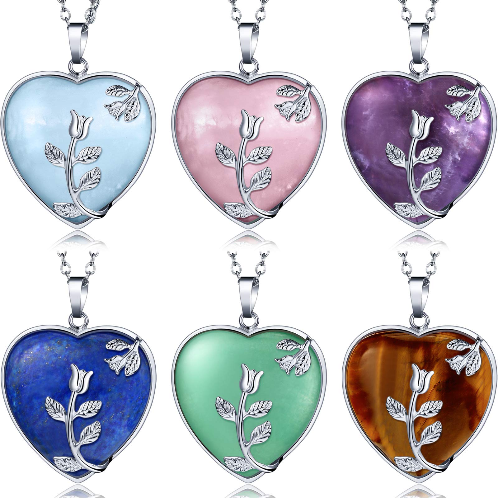 Hicarer 6 Pieces Heart Healing Crystal Necklaces Quartz Silver Rose Wrapped Gemstone Jewelry (Stylish Colors)