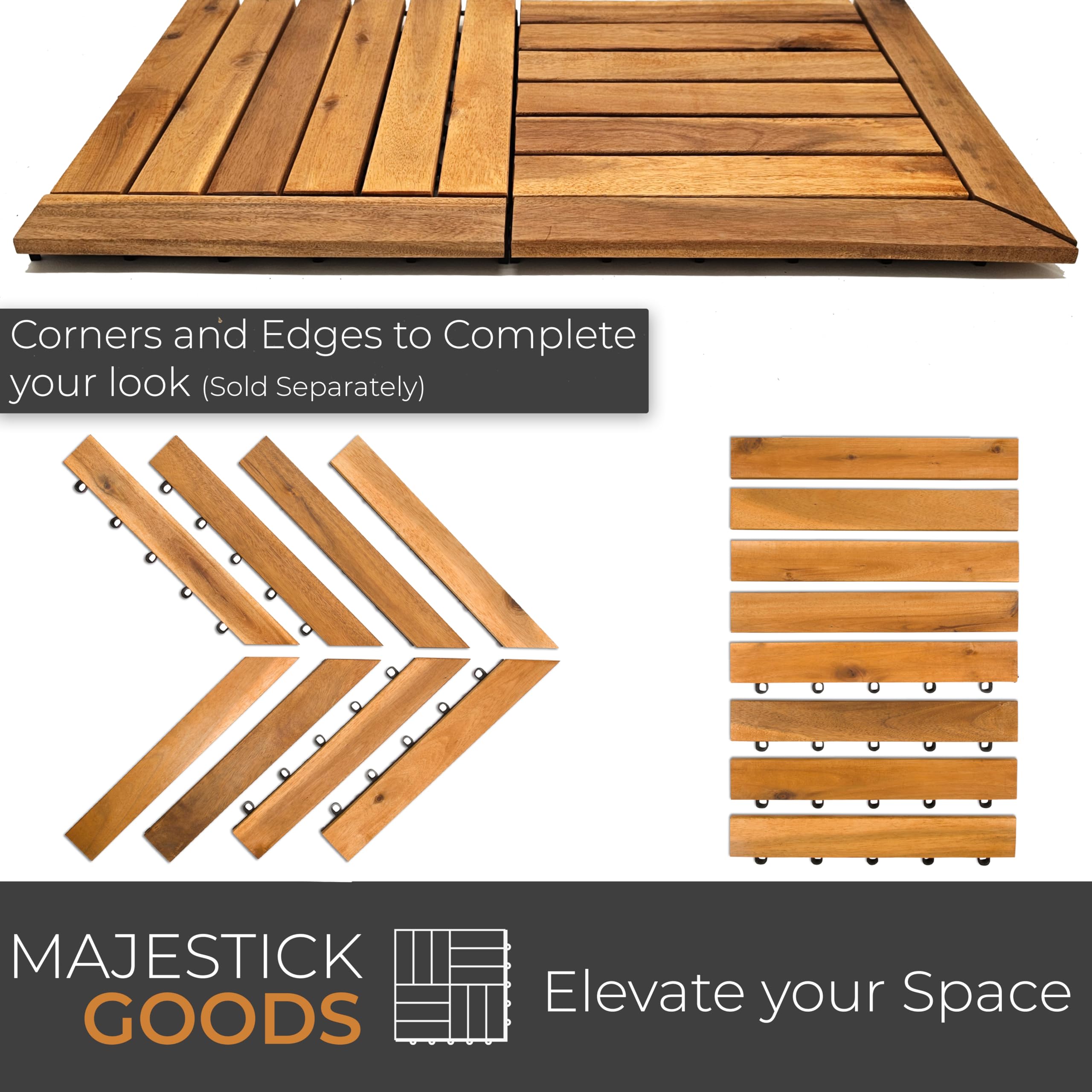 Interlocking Deck Tiles Snap Together Wood Flooring - 12 x 12 Acacia Hardwood Outdoor Flooring for Patio - Click Floor Decking Tile, Water Resistant Balcony Flooring, Wooden Parquet Flooring 8 Sq Ft