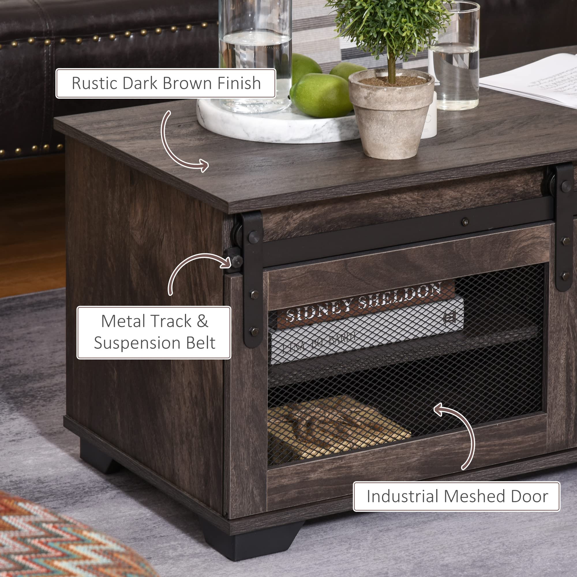 HOMCOM Farmhouse Coffee Table with Storage, Sliding Mesh Barn Door, Industrial Cocktail Table with Adjustable Shelves for Living Room, Dark Brown