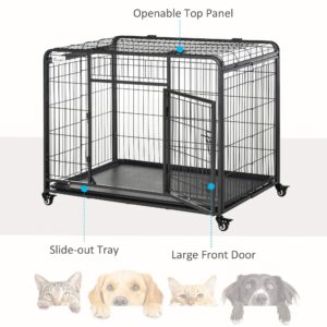 PawHut Folding Design Heavy Duty Metal Dog Cage Crate & Kennel with Removable Tray and Cover, & 4 Locking Wheels, Indoor/Outdoor 43"