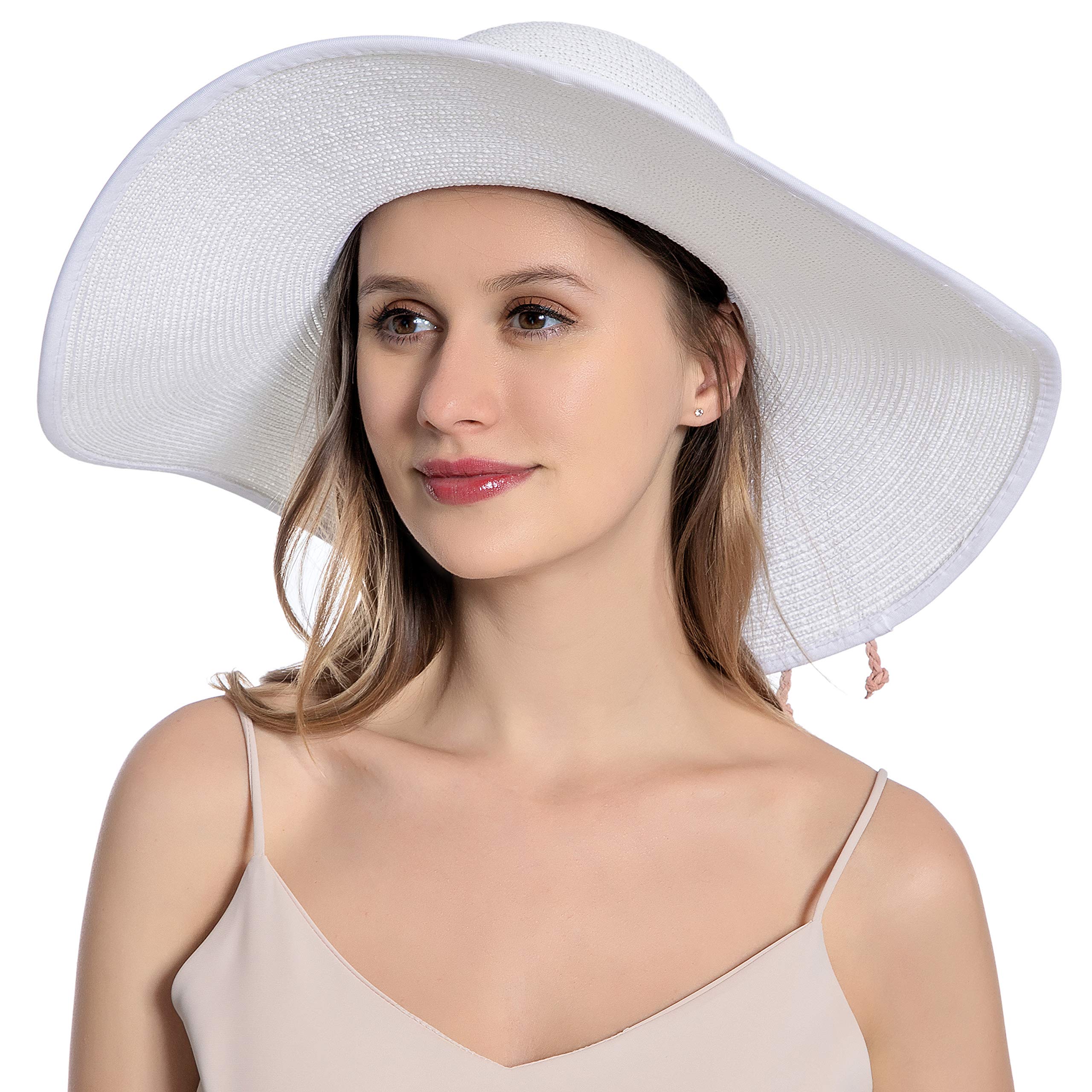 Muryobao Womens Sun Straw Hat Wide Brim UV UPF 50 Summer Hat Foldable Roll up Floppy Beach Cap for Women White