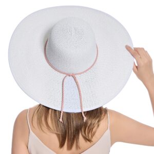 Muryobao Womens Sun Straw Hat Wide Brim UV UPF 50 Summer Hat Foldable Roll up Floppy Beach Cap for Women White