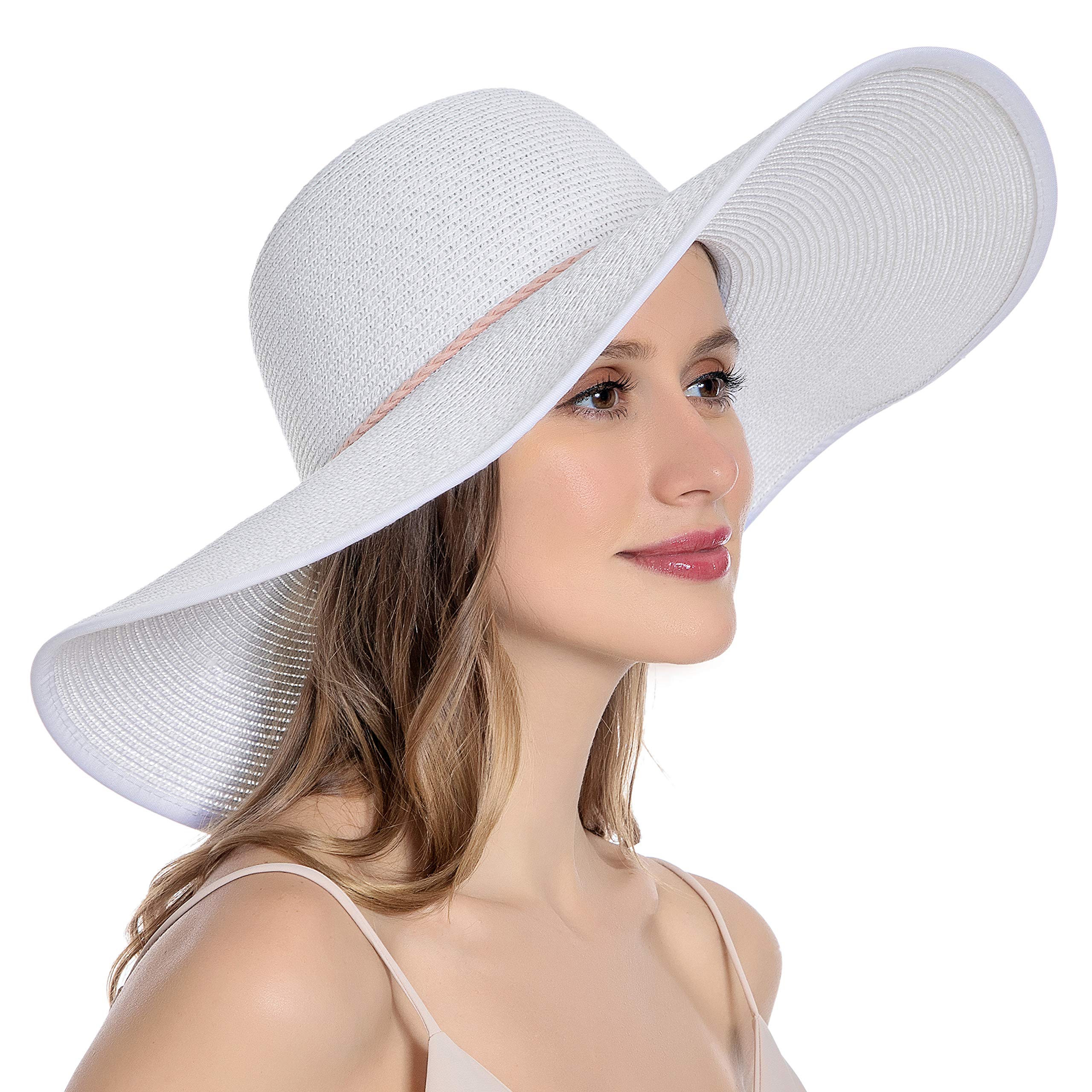 Muryobao Womens Sun Straw Hat Wide Brim UV UPF 50 Summer Hat Foldable Roll up Floppy Beach Cap for Women White