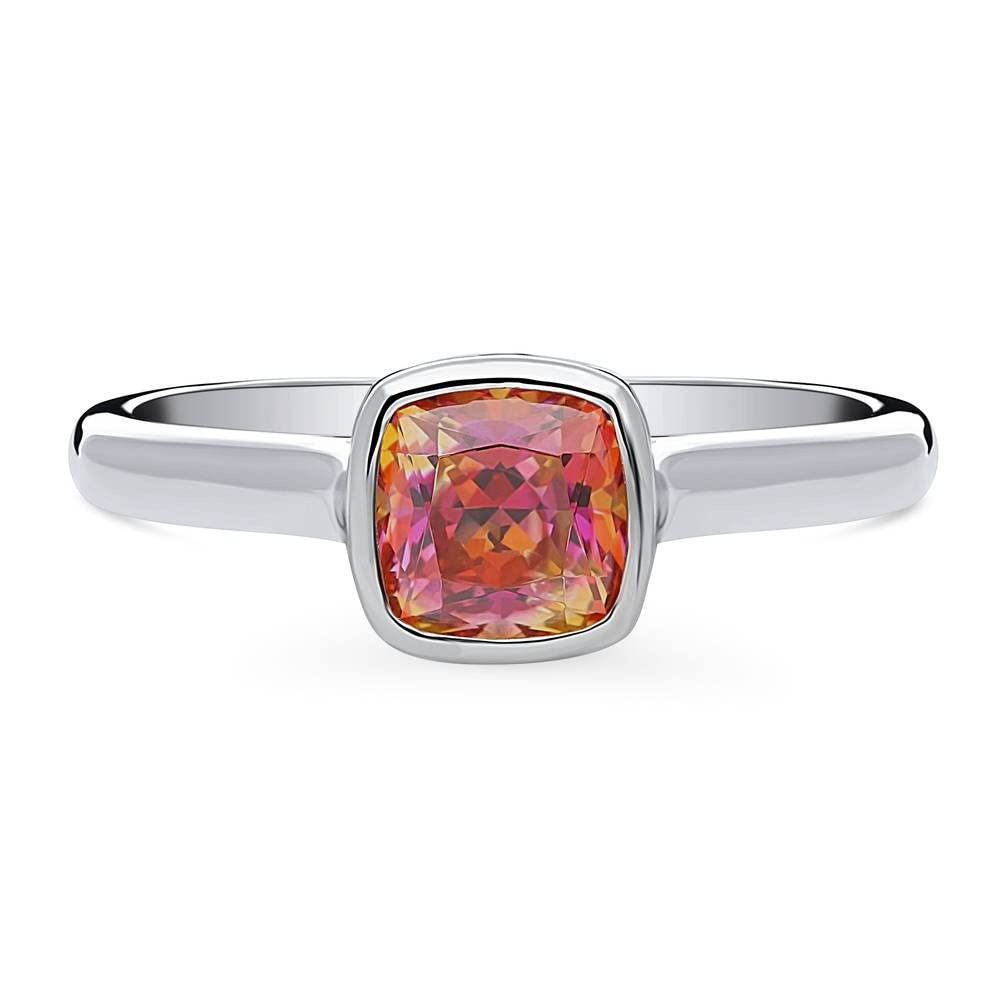 BERRICLE Sterling Silver Solitaire Red Orange Bezel Set Cushion Cut Cubic Zirconia CZ Kaleidoscope Fashion Ring for Women, Rhodium Plated 1.25 Carat Size 5