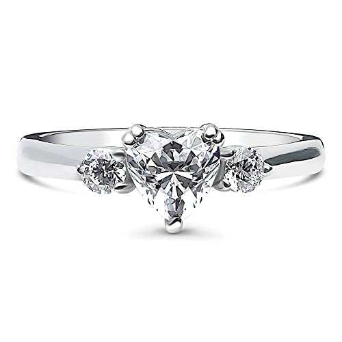 BERRICLE Sterling Silver 3-Stone Wedding Engagement Rings Cubic Zirconia CZ Heart Promise Ring for Women, Rhodium Plated Size 7