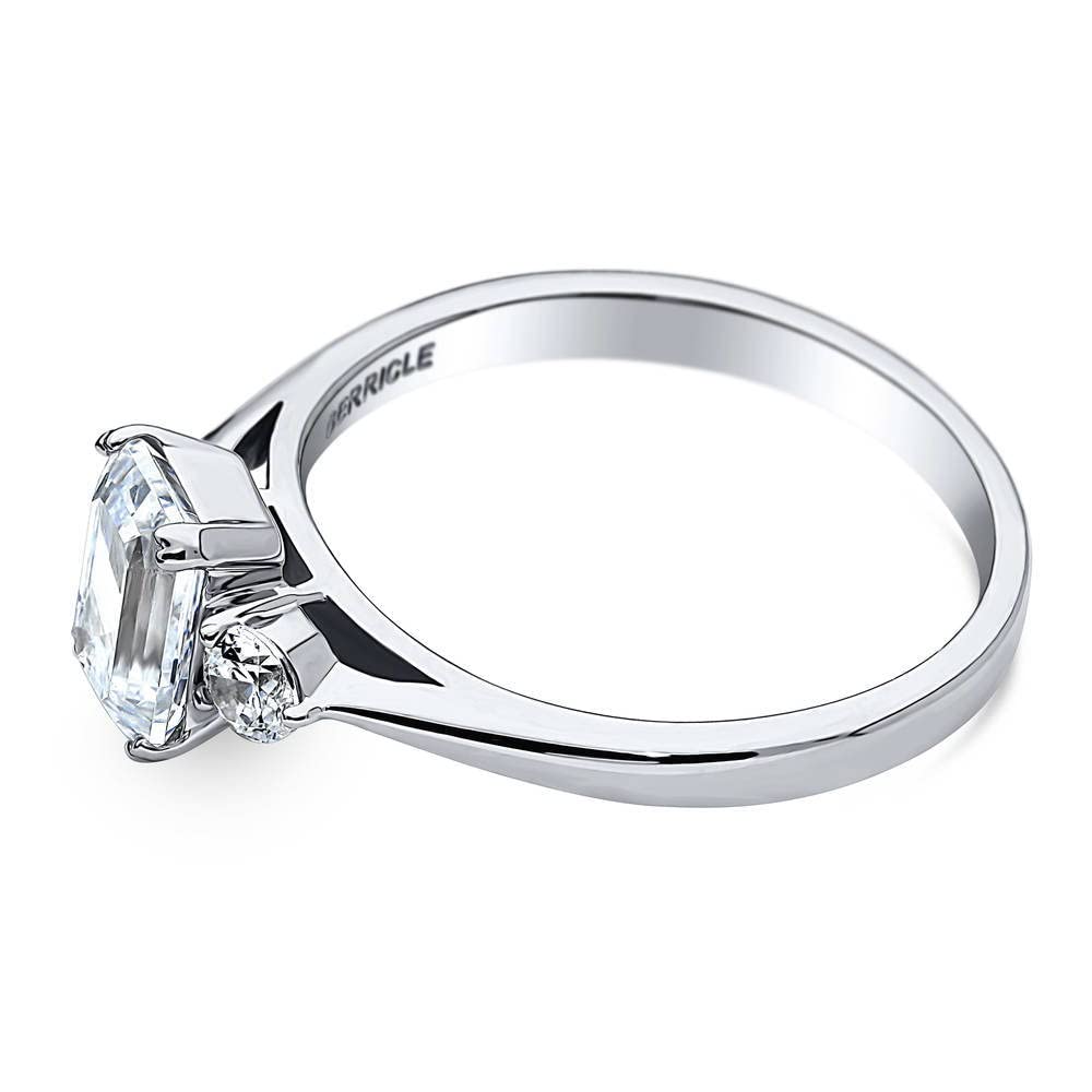 BERRICLE Sterling Silver 3-Stone Wedding Engagement Rings Emerald Cut Cubic Zirconia CZ Anniversary Promise Ring for Women, Rhodium Plated Size 5