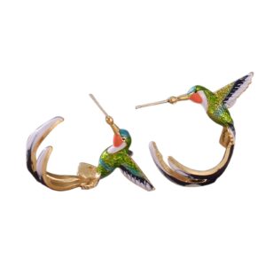 Cute Hummingbird Earrings Flying Hummingbird Oil Painting Dangle Earrings Enamel Hummingbird Stud Earrings Colorful Metal Animal Elegant Hummingbird Bird Studs Earring Jewelry - Green