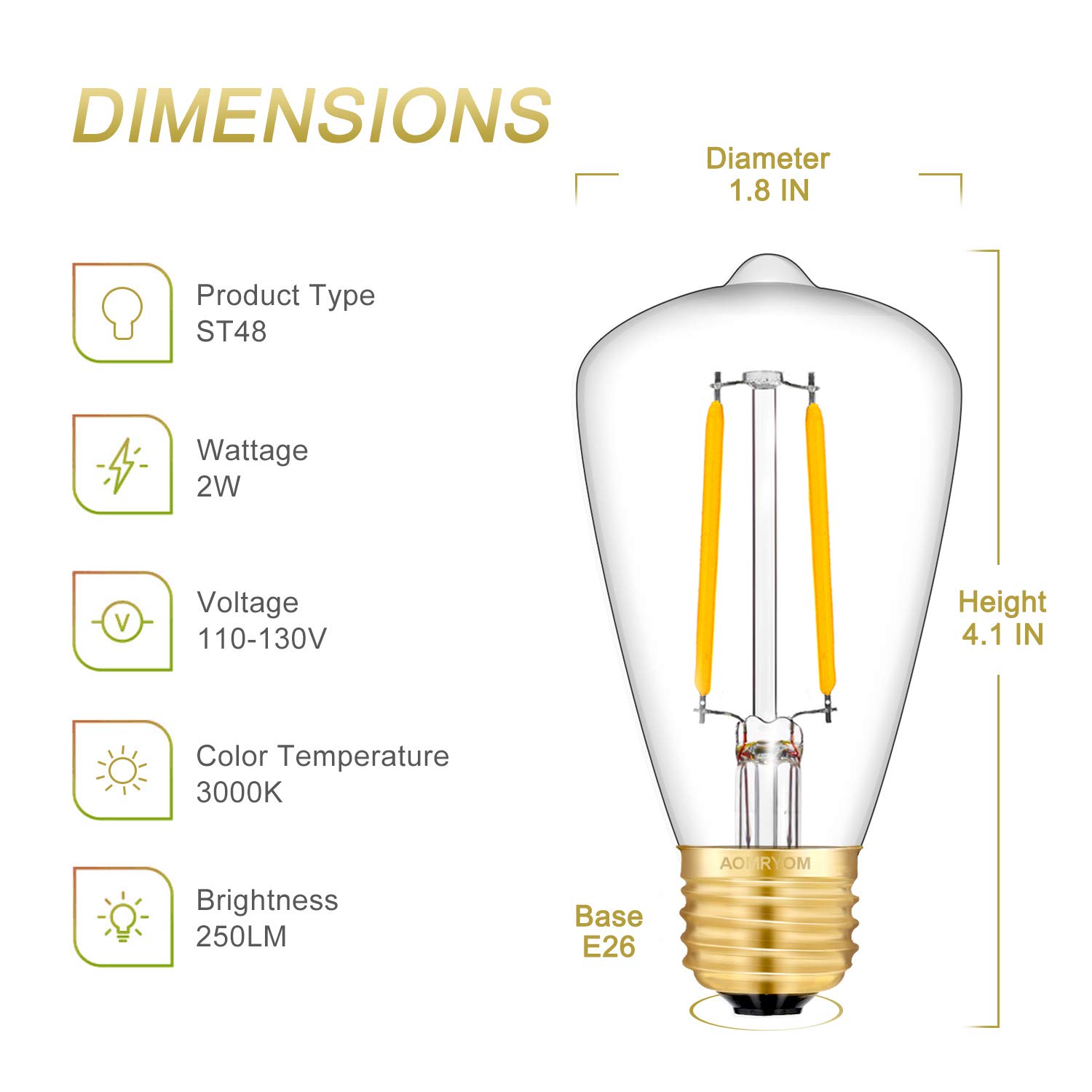 AOMRYOM 2W LED Edison Bulb 30W Equivalent 250LM, 3000K Warm White E26 Medium Base, Vintage Edison Style Tiny ST48 / ST14 Clear Glass Dimmable LED Filament Light Bulbs, Pack of 8