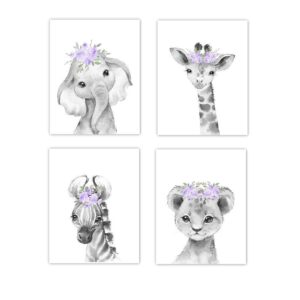 Baby Girl Nursery Wall Art Purple Floral Crown Safari Animals Elephant Giraffe Lion Zebra Decor 4 UNFRAMED PRINTS