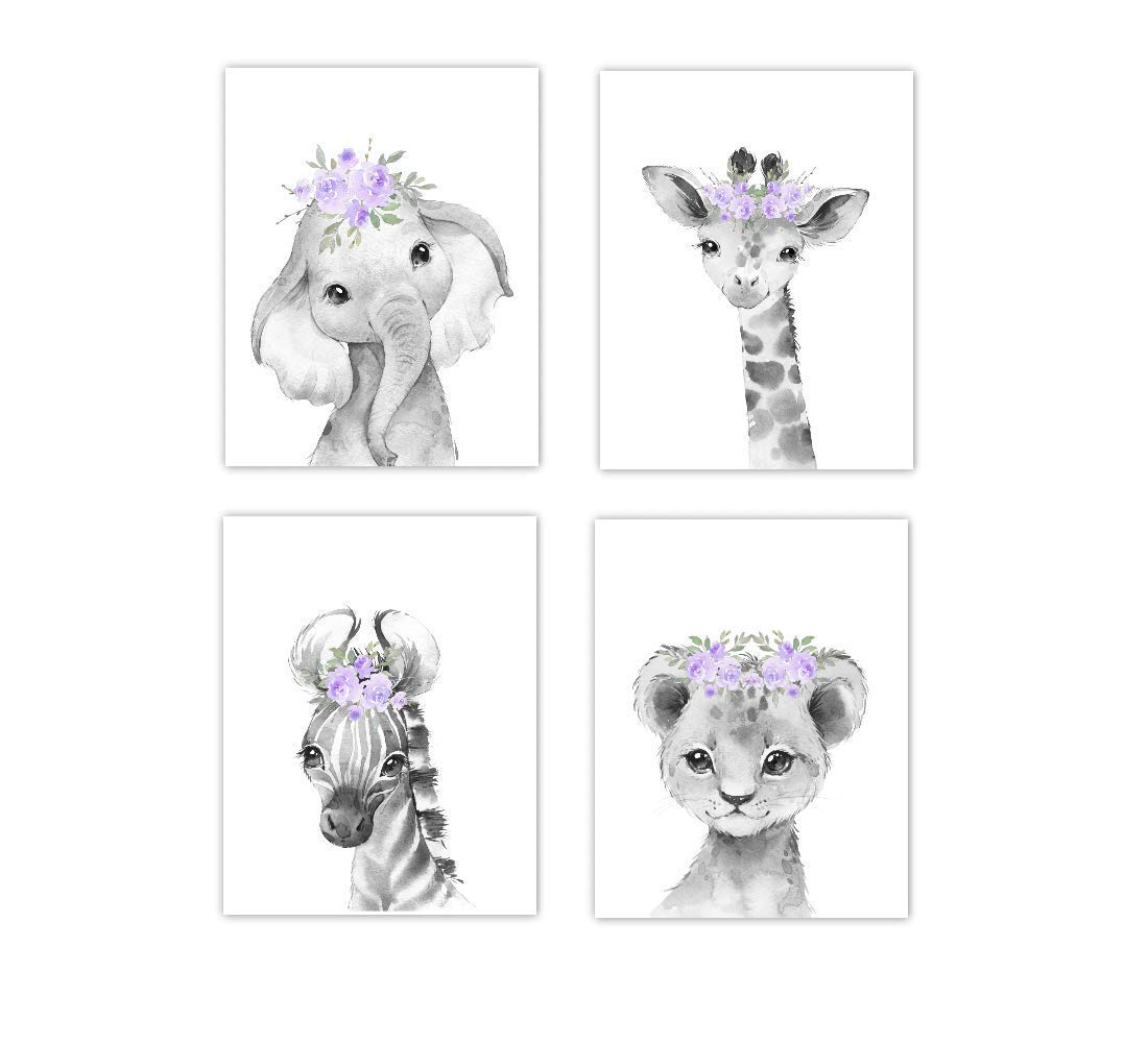 Baby Girl Nursery Wall Art Purple Floral Crown Safari Animals Elephant Giraffe Lion Zebra Decor 4 UNFRAMED PRINTS